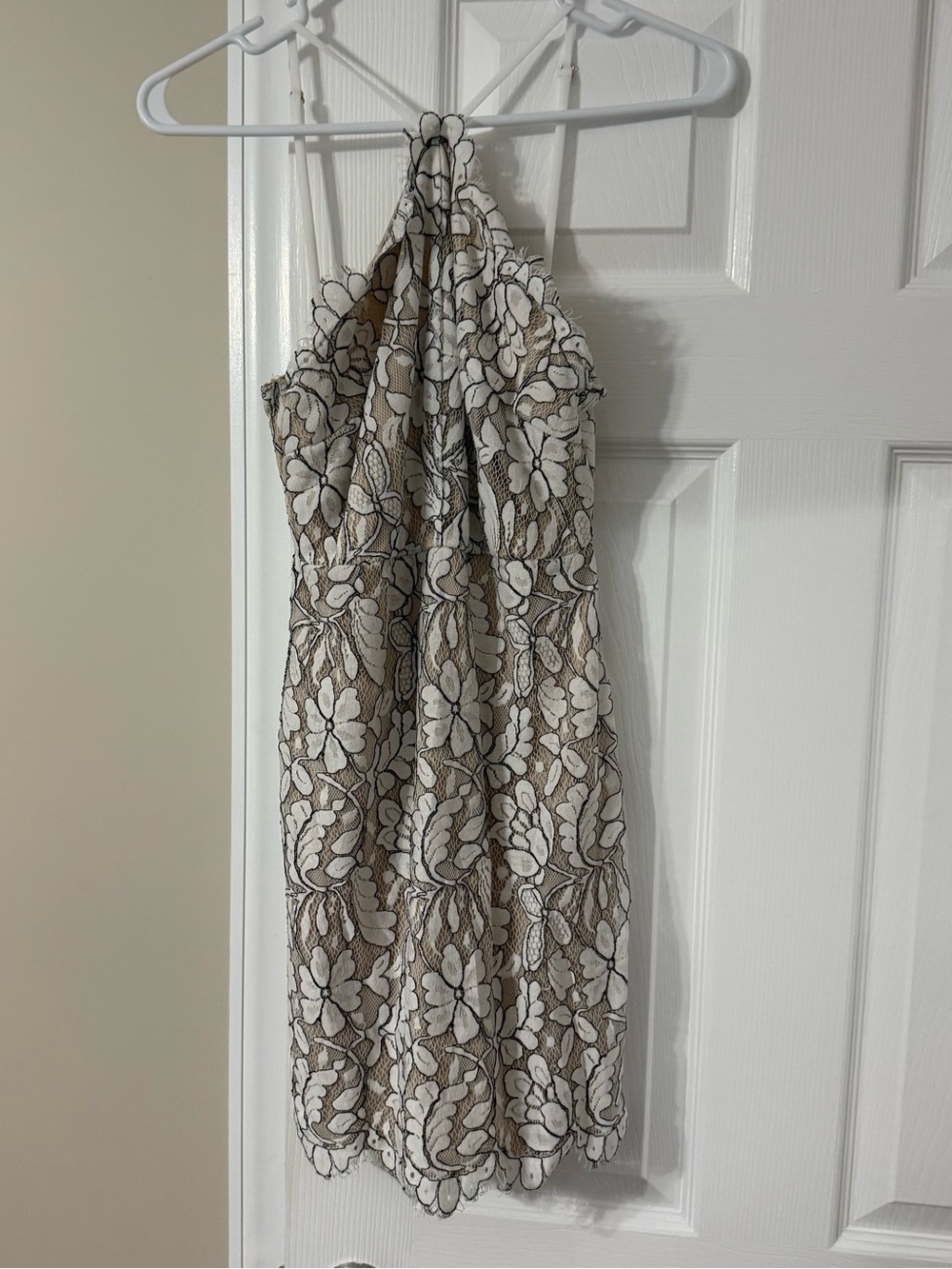 Lulu's White Floral Lace Halter Mini Dress on Beige